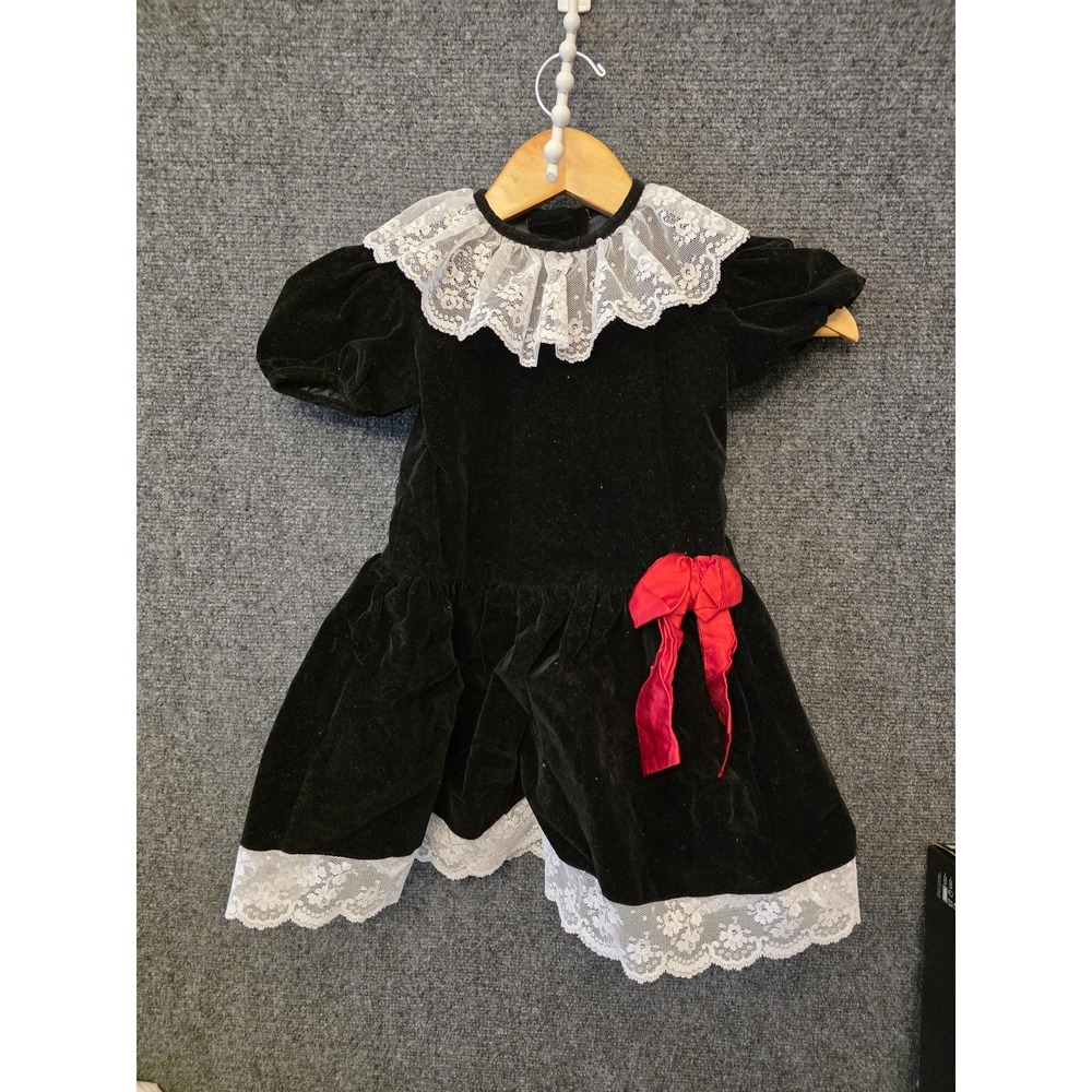 Vtg Jo Lene Dress Girls 4T Black Velvet Lace Collar Puff Sleeve‎ Party USA